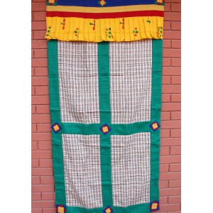Check Pattern Bhutanese Fabric Door Curtain With Green Velvet Border   323110947570